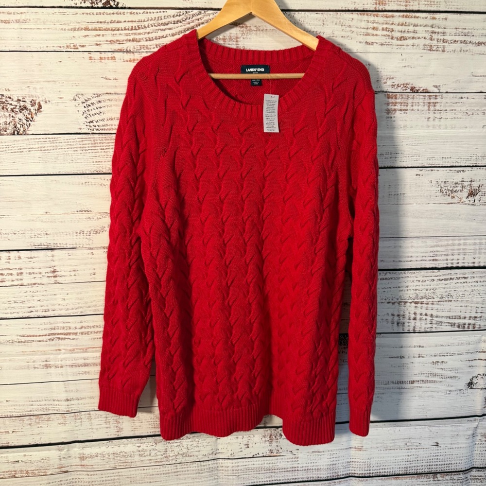 Lands End Drifter Sweater Womens 1X Red NWT Cable Knit Cotton Crew Neck